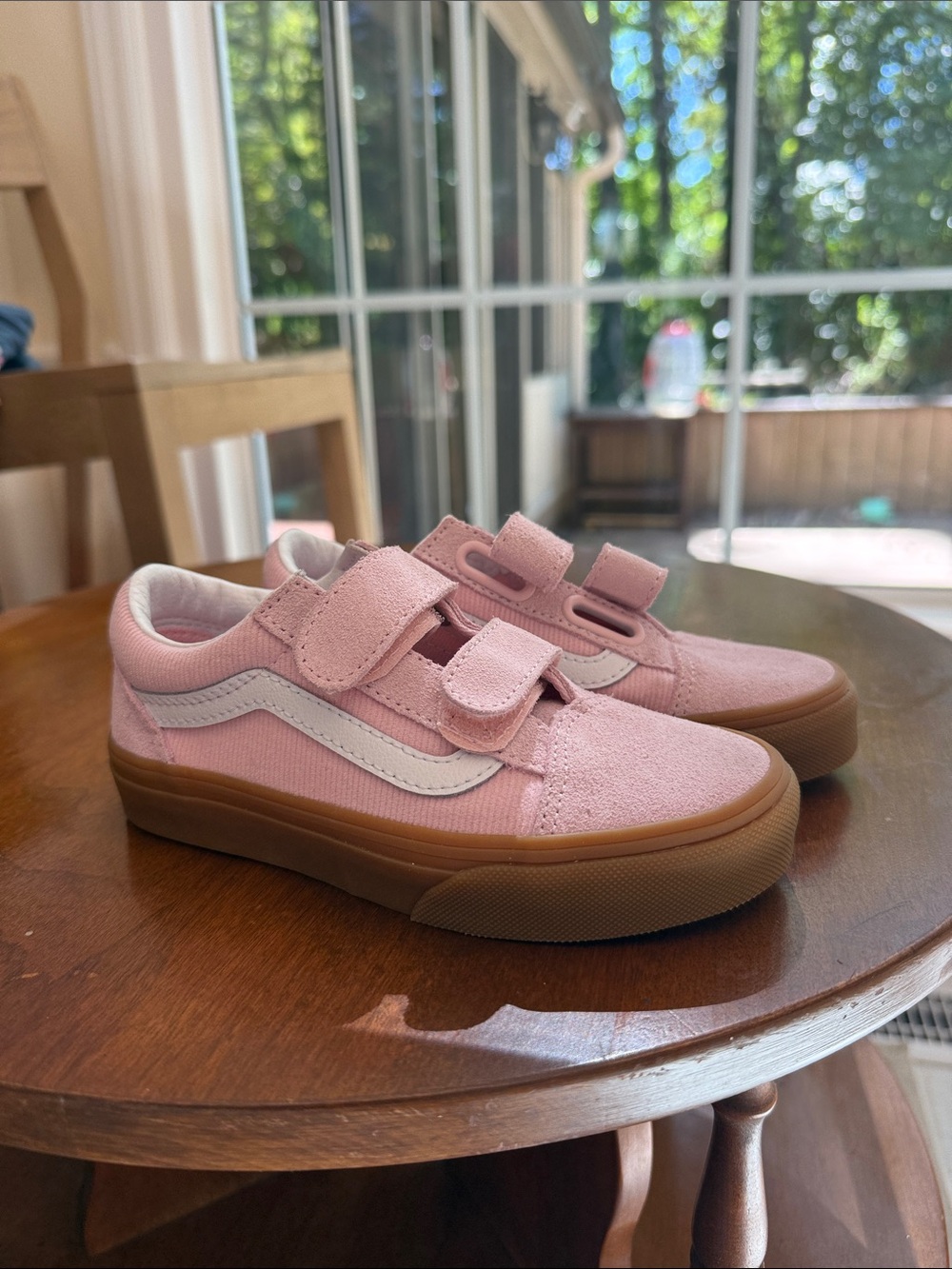Vans Kids Pink Suede Velcro Sneakers with Gum Sole
